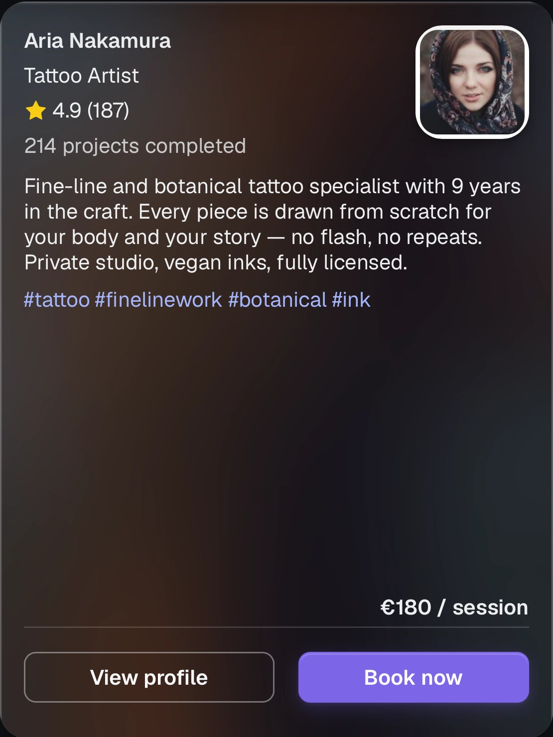 Aria Nakamura profile hub, 4.9 rating, 187 reviews, 214 projects