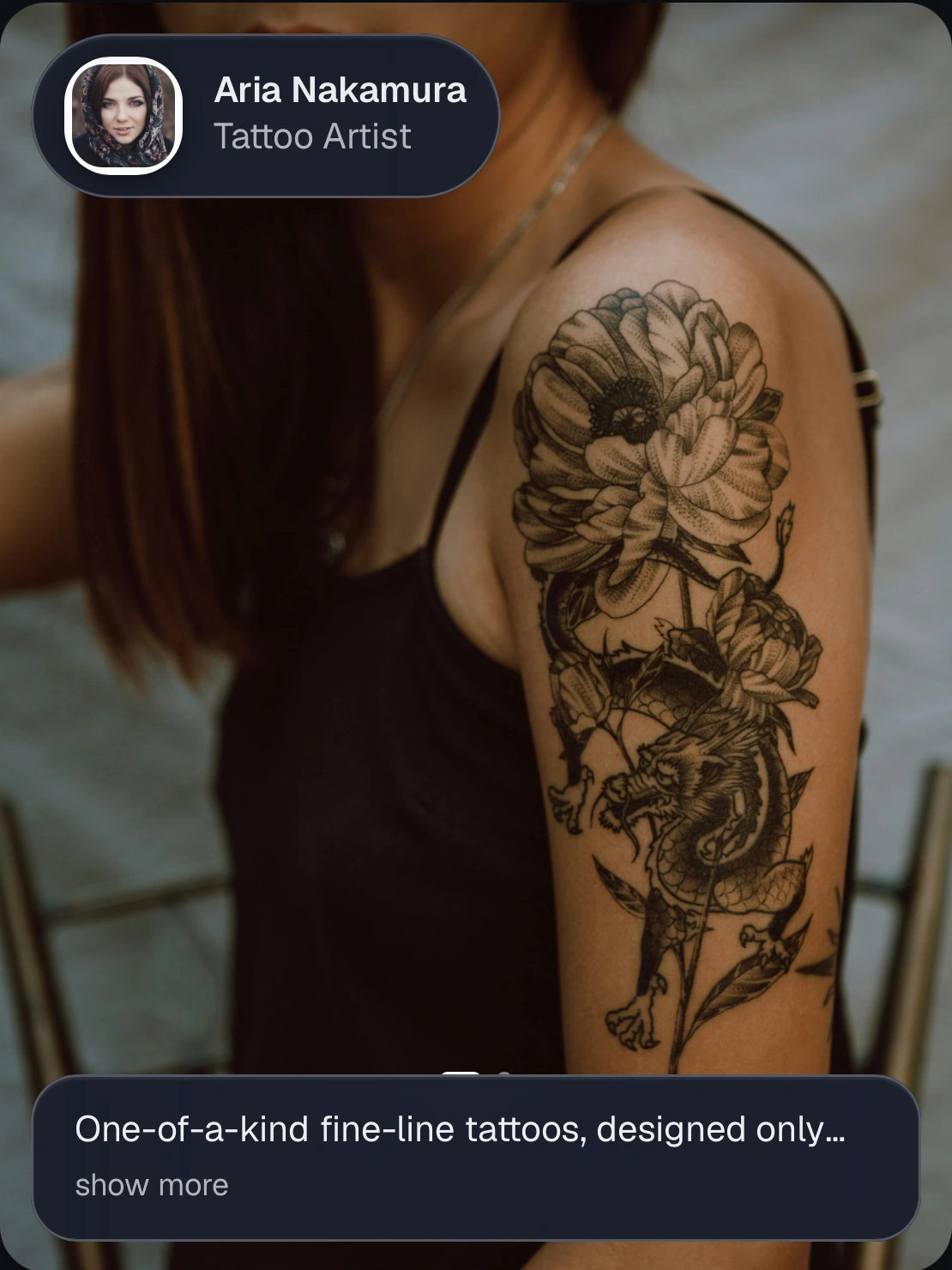 Aria Nakamura, Tattoo Artist, one-of-a-kind fine-line tattoos on the Freevo feed