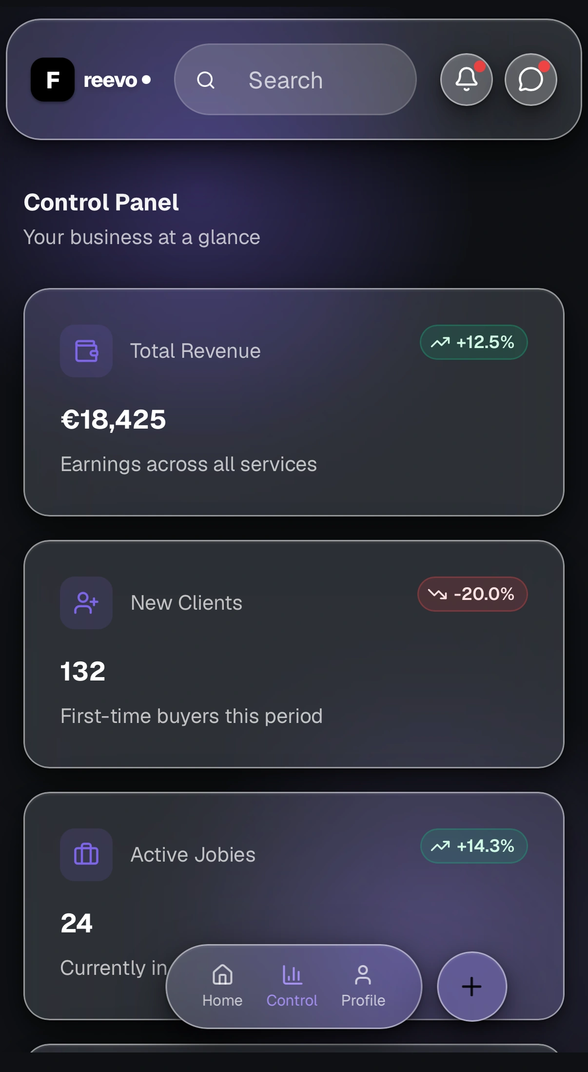 Freevo control panel, total revenue and business stats