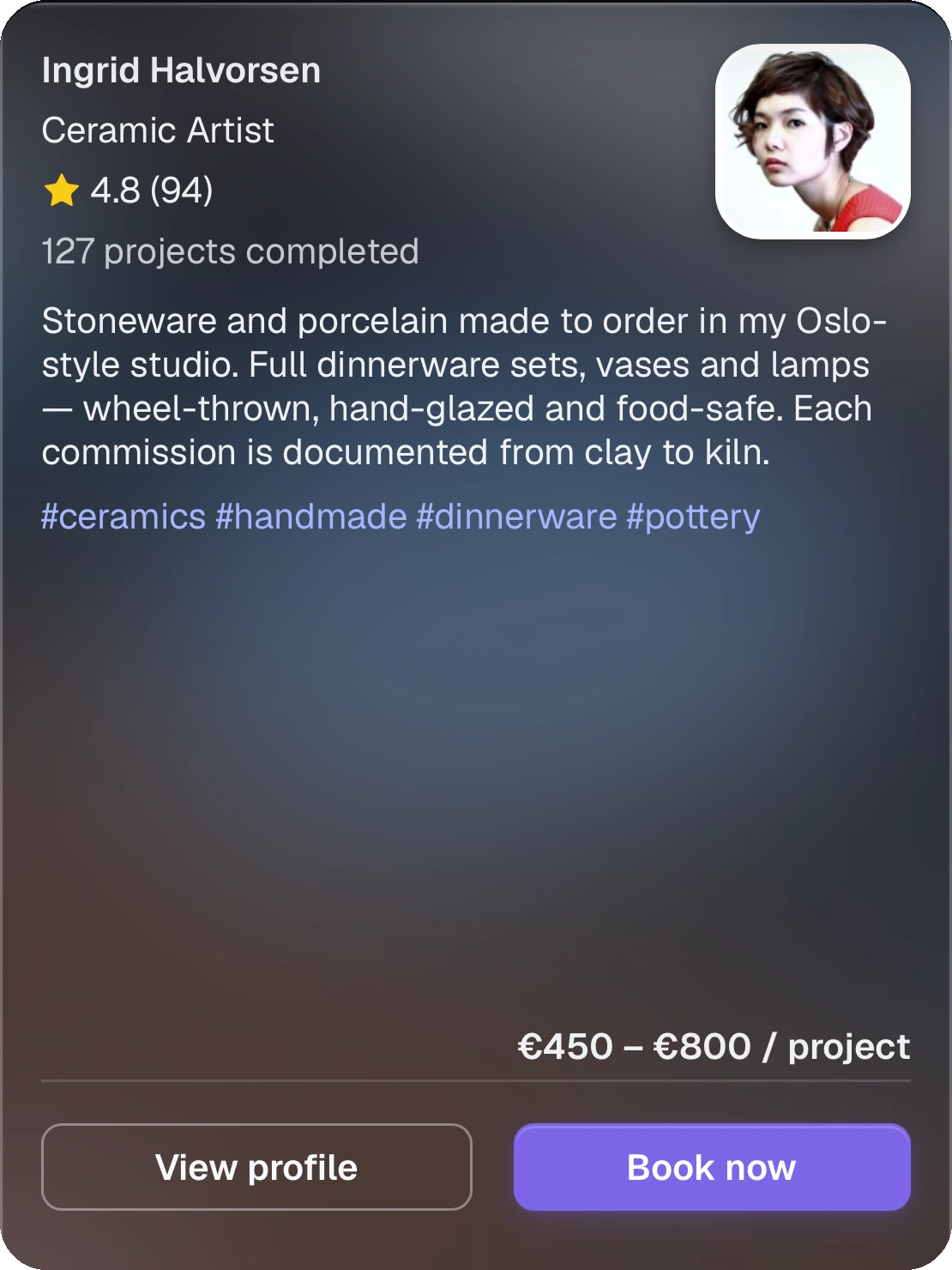 Ingrid Halvorsen, ceramic artist, with rating, reviews and completed projects on Freevo